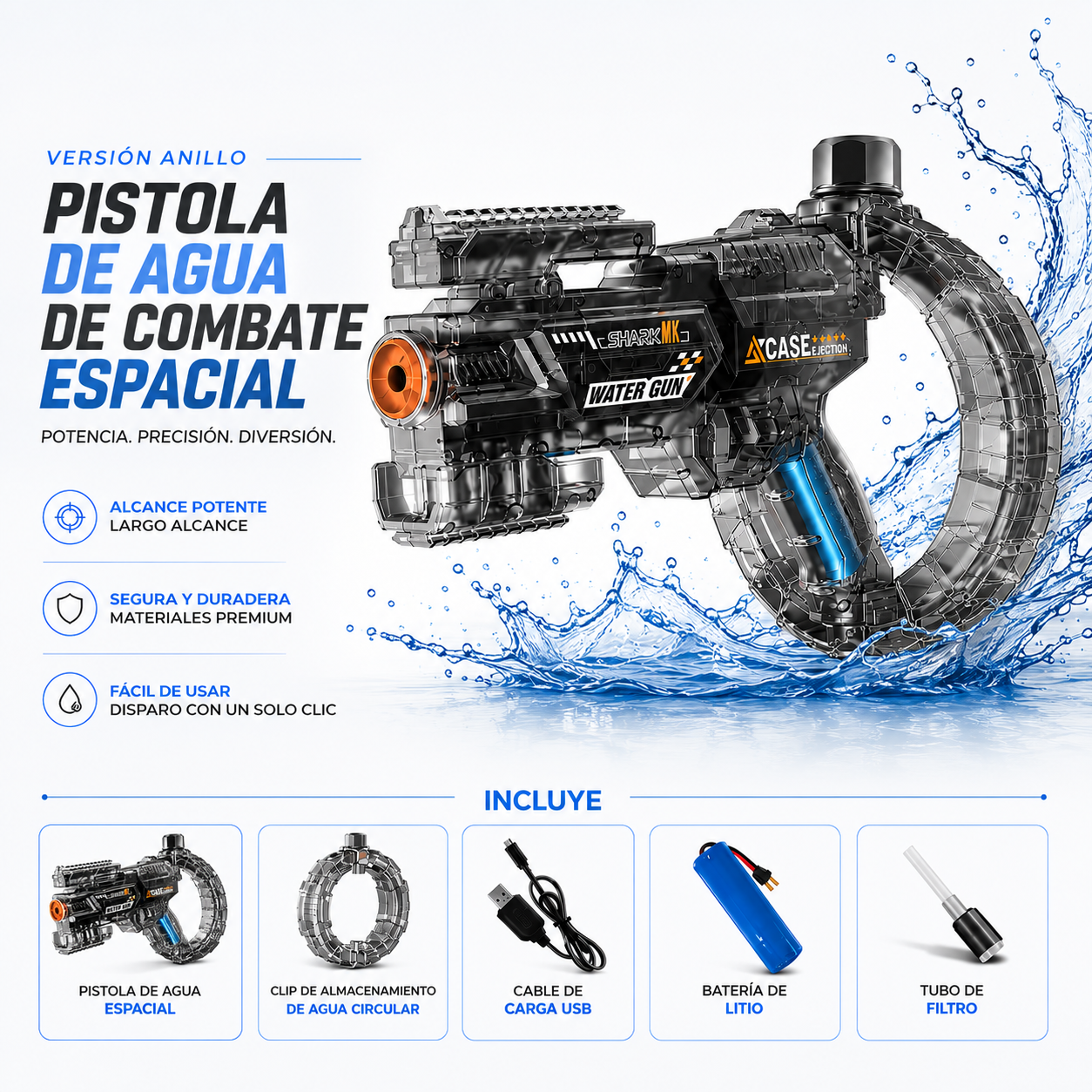Pistola de Agua Eléctrica HydraX™ | Versión Anillo Recargable